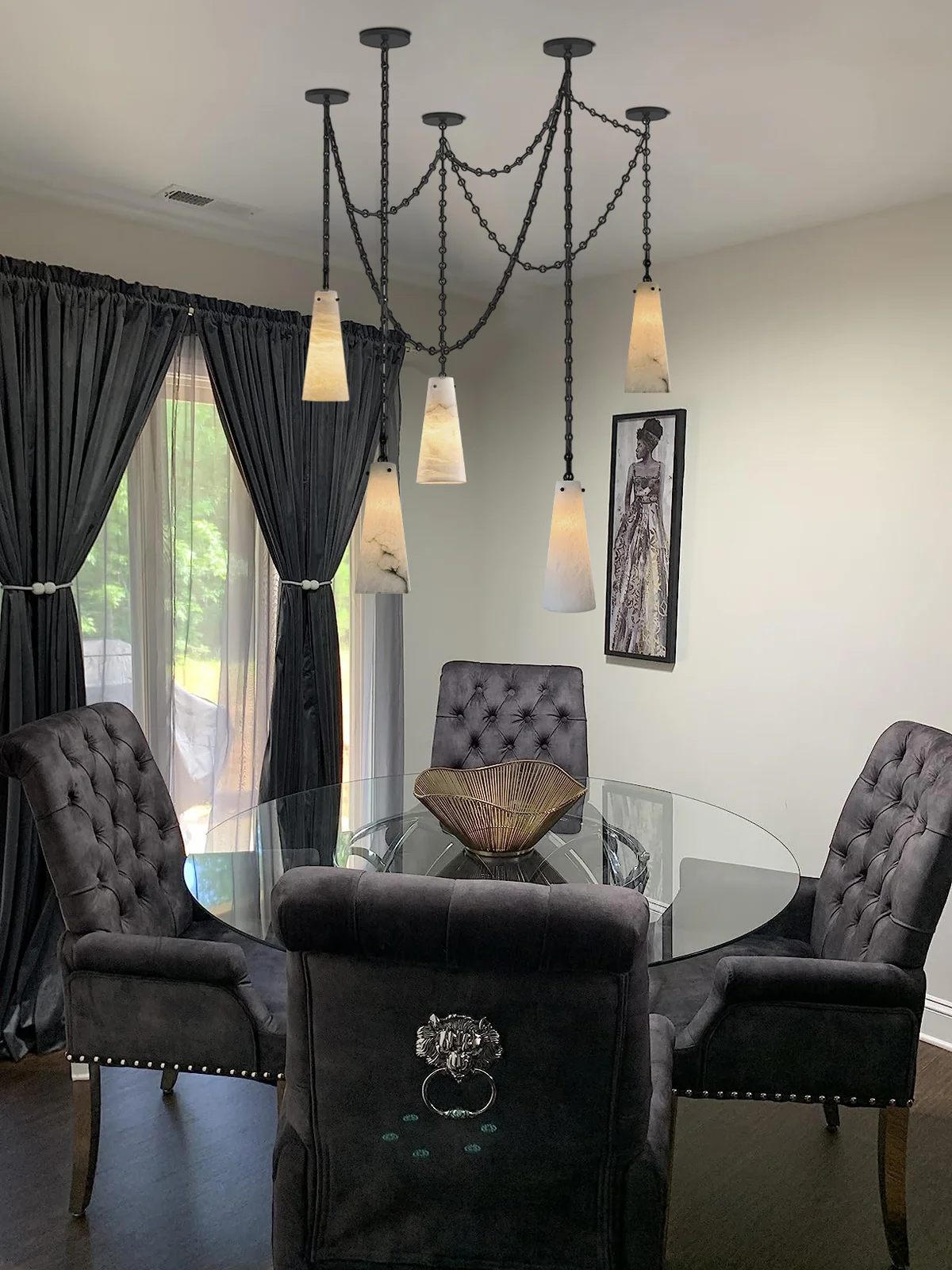 Luccas Alabaster 12 Light Chandelier with Adjustable Brass/Black Chain-Kavker