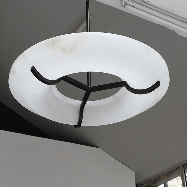 Carve Alabaster Pendant Light – Hand‑Carved Stone Shade with Black Frame