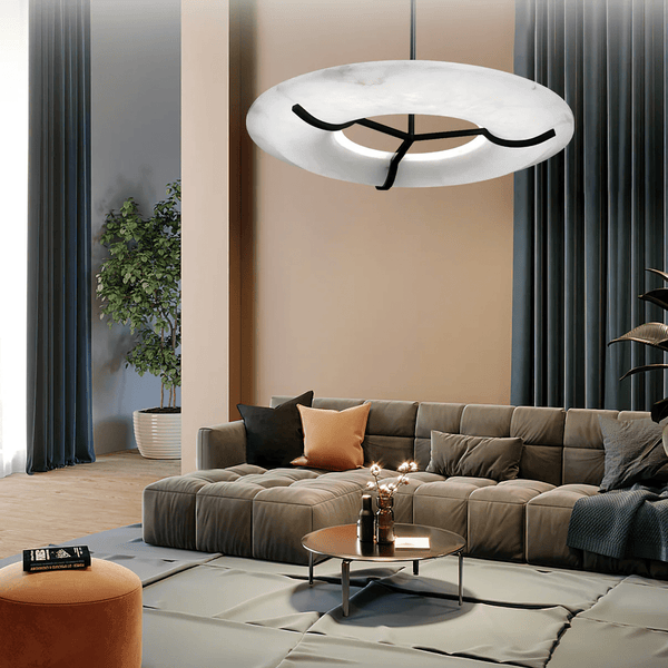 Carve Alabaster Pendant Light – Hand‑Carved Stone Shade with Black Frame