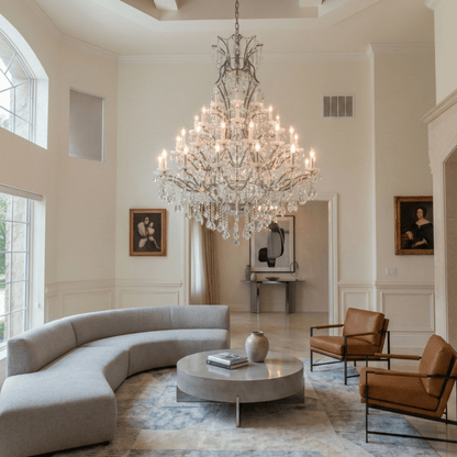 50 light Rococo Maria Theresa chandelier installed in a high-ceiling furnished interior, emphasizing vertical drop, crystal tiers, and luxury craftsmanship
