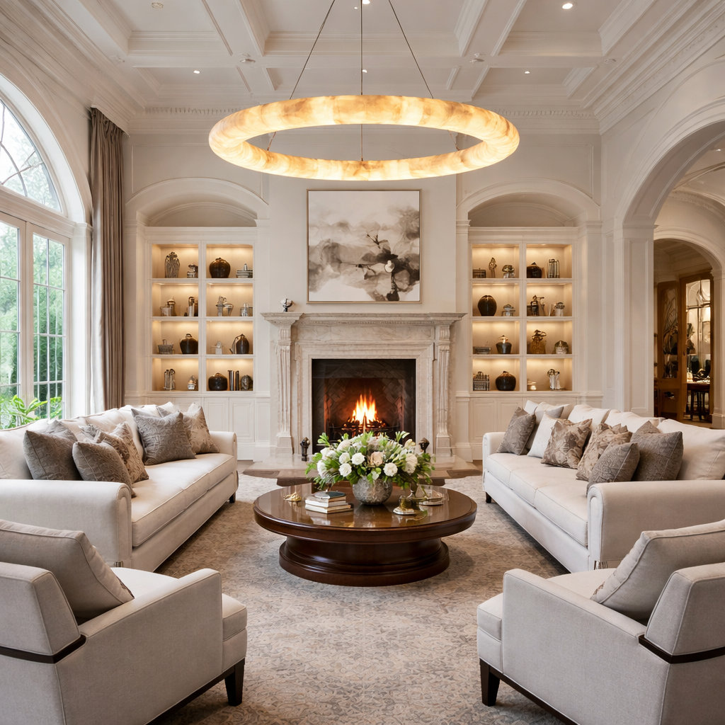 Smooth Alabaster Round Chandelier with Alabaster Shade