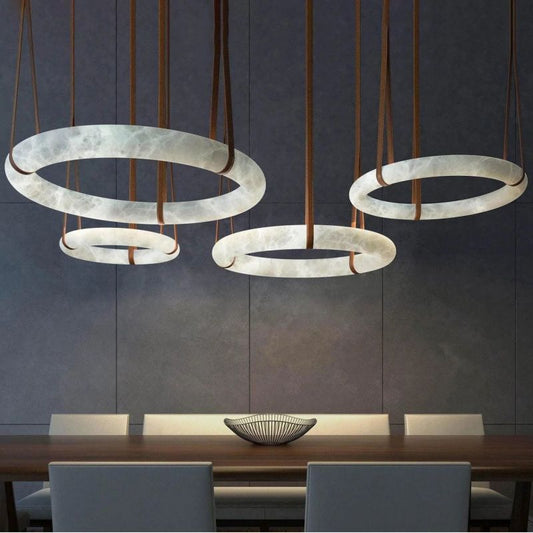 Olsa Alabaster Ring Round Pendant Chandelier, Modern Leather Strip Chandelier-Kavker