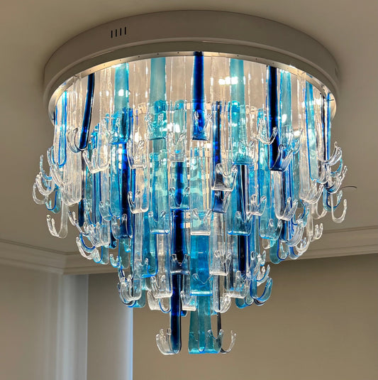 Blue Murano Waterfall Glass Chandelier mounted to ceiling
