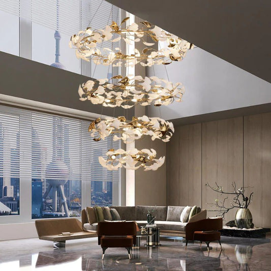 Ceramic Ginkgo Round Staircase Chandelier-Kavker