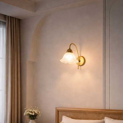 Floral Glass & Brass Curved Arm Wall Sconce
