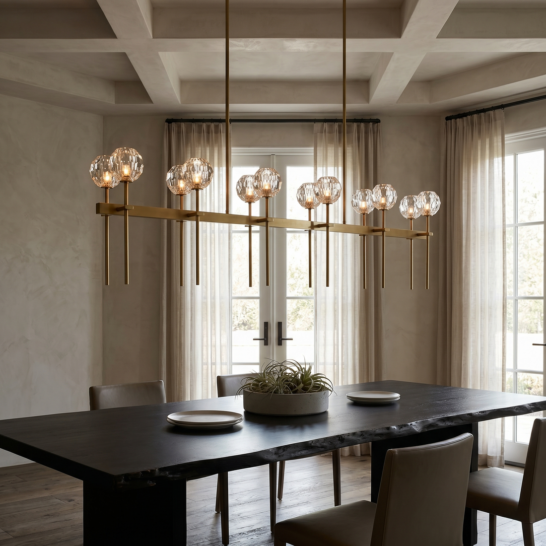 Clear Faceted Glass Double Linear Chandelier