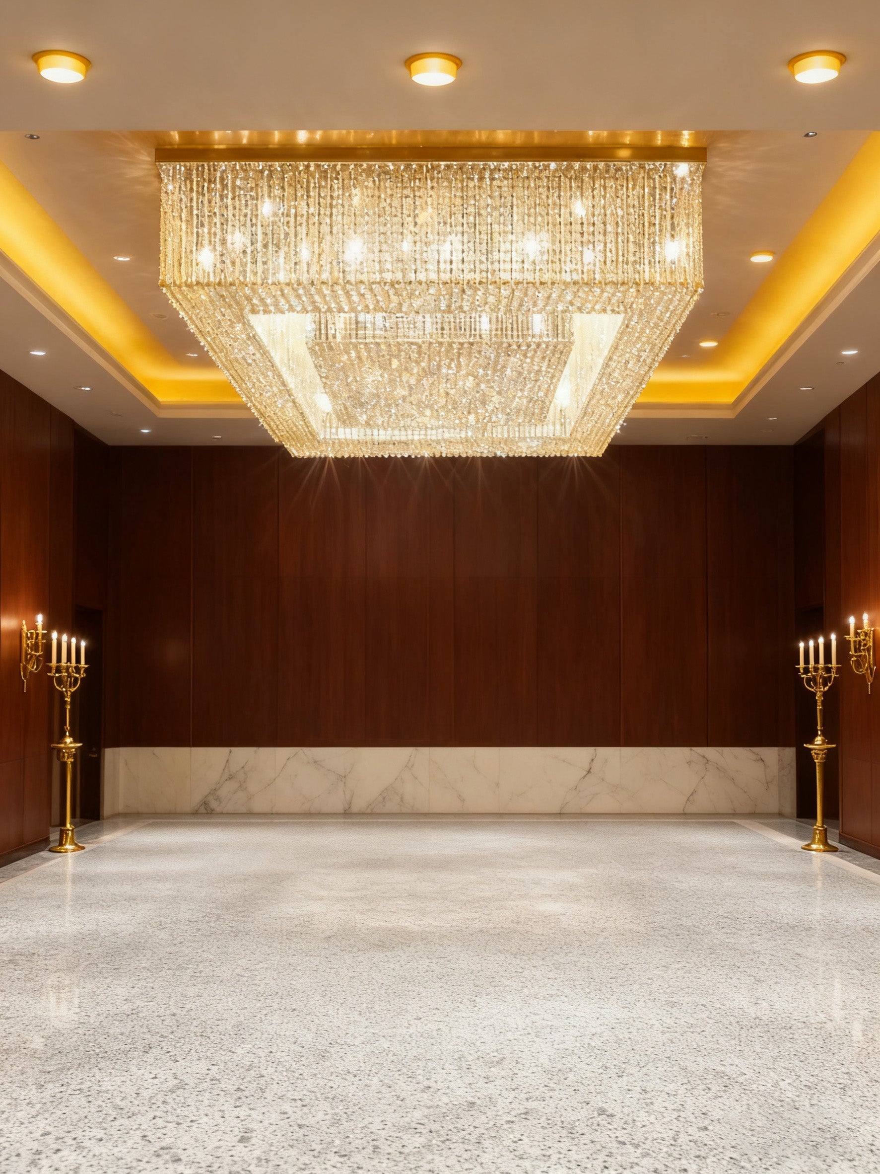 Custom Made Huge Rectangle Flush Mounted Gold Crystal Chandelier for Low Ceiling