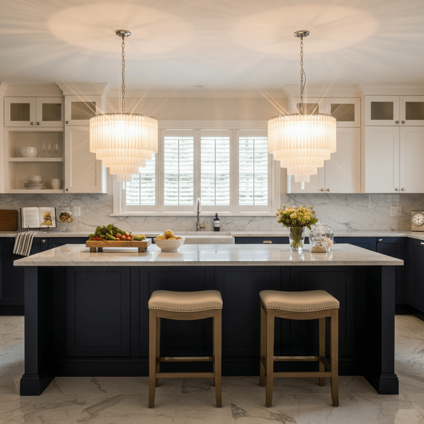 Classic Navy Kitchen - Dual Chandeliers
