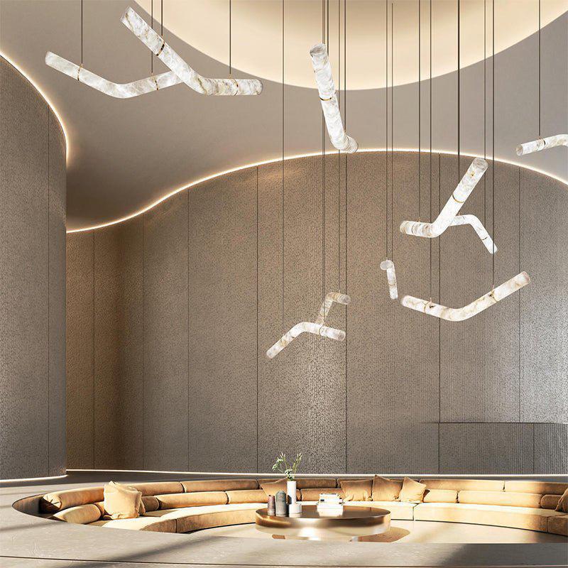 Liberty Curved Pendant Alabaster Chandelier, Pendant Light Over Dining Table - Style ABrassKavker