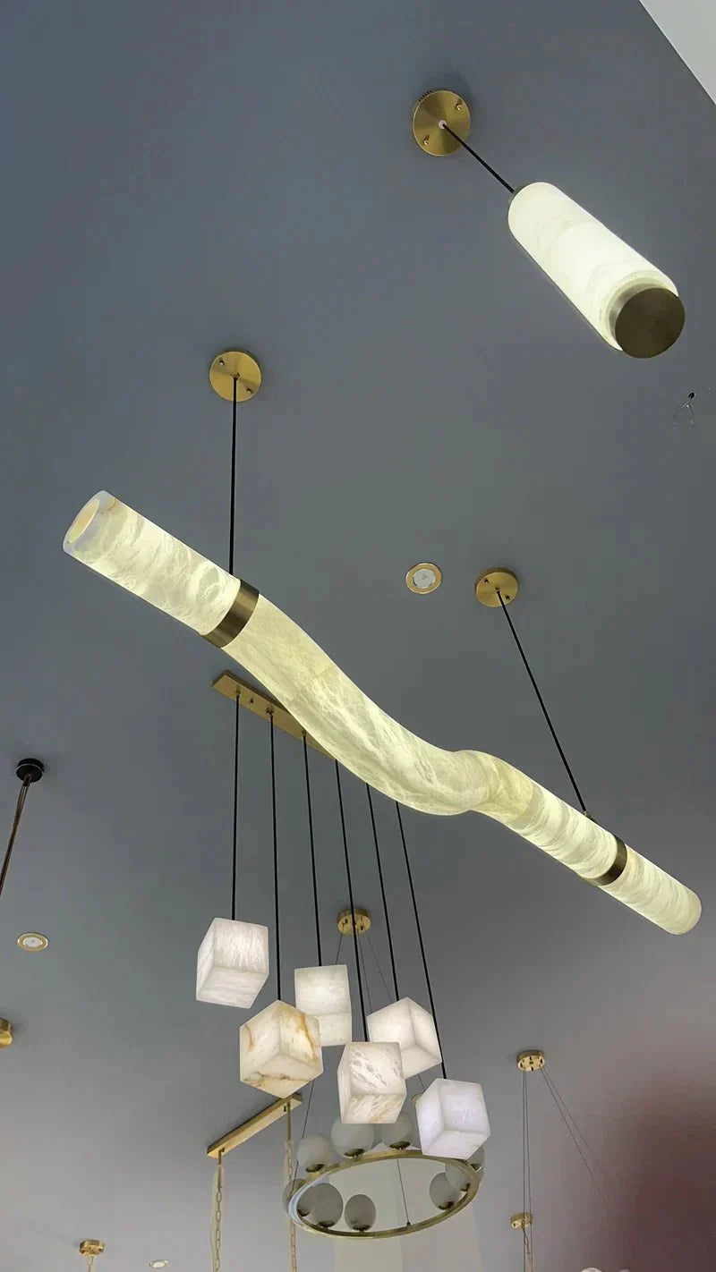 Liberty Curved Pendant Alabaster Chandelier, Pendant Light Over Dining Table - Style ABrassKavker