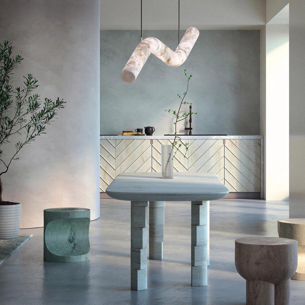 Liberty Curved Pendant Alabaster Chandelier, Pendant Light Over Dining Table - Style ABrassKavker