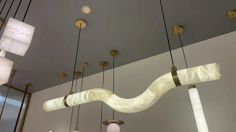 Liberty Curved Pendant Alabaster Chandelier, Pendant Light Over Dining Table - Style ABrassKavker