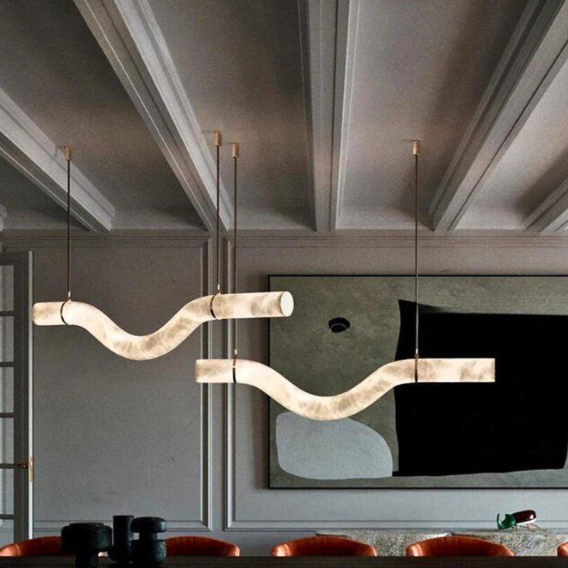 Liberty Curved Pendant Alabaster Chandelier, Pendant Light Over Dining Table - Style ABrassKavker