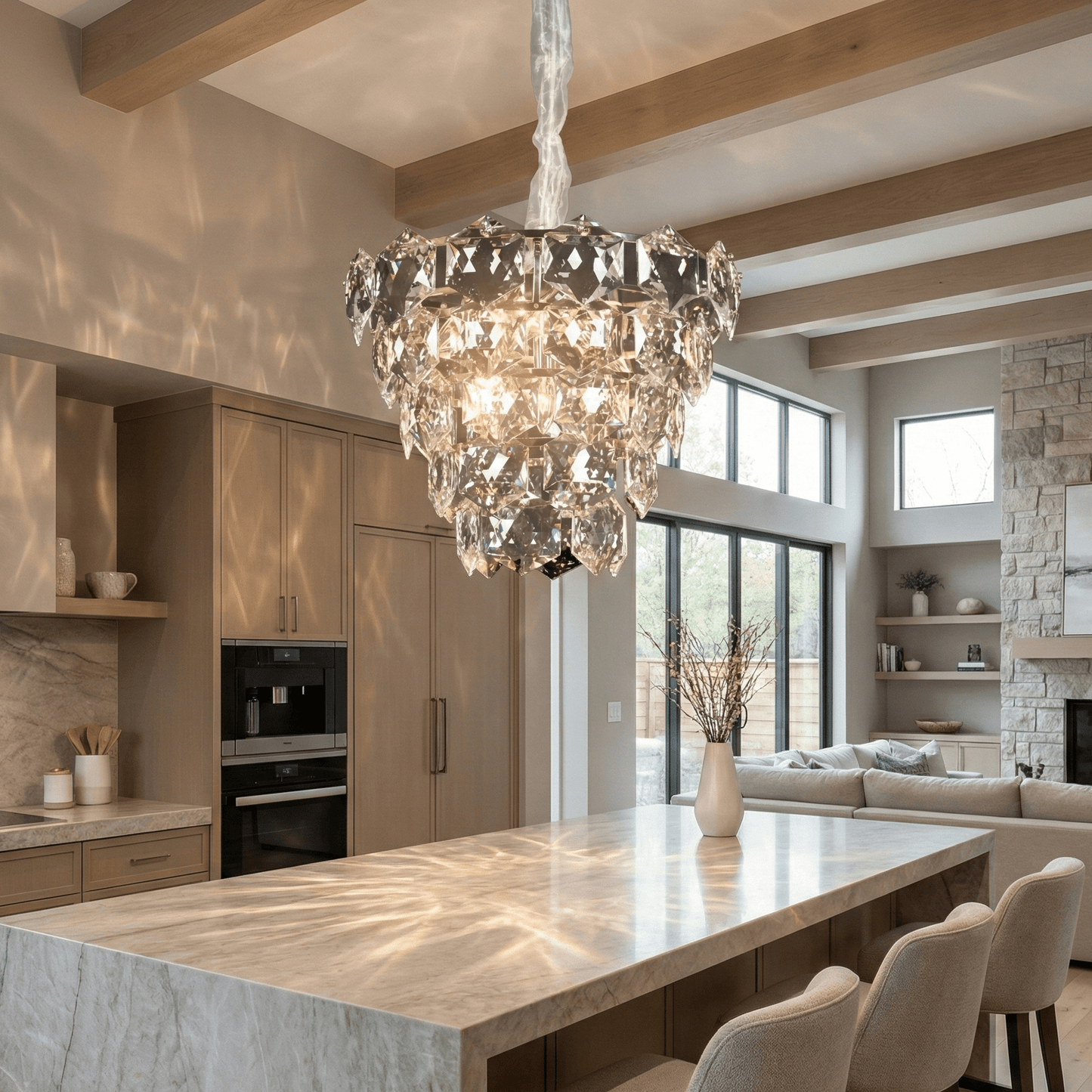 Modern crystal chandelier above a kitchen island creating elegant light patterns in a luxury contemporary interior